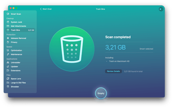CleanMyMac X - Trash Bins scan completed